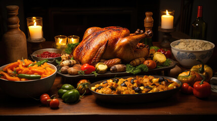 National Sunday Supper Month: A family-style dining table set with a roasted chicken, vegetables, and all the fixings for a traditional Sunday supper