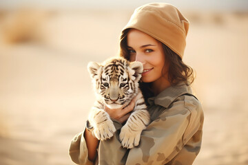 Woman holding in hands a tiger kitten, concept of wildlife conservation, animal care, responsible tourism, animal rescue, veterinary care, and the connection between humans and animals