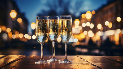 Champagne glasses sit on a table against the background of a festively decorated city square during winter celebrations. Christmas and New Year celebrations card with champagne. - obrazy, fototapety, plakaty