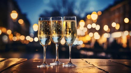 Fotobehang Champagne glasses sit on a table against the background of a festively decorated city square during winter celebrations. Christmas and New Year celebrations card with champagne. © Maria Shchipakina