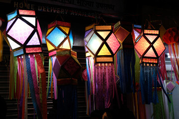 Hanging Diwali Lamp (Kandil) - Diwali Festival Background, Colourful lanterns made by paper eco...