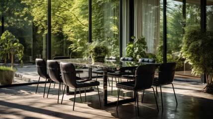 Fototapeta premium a modern dining room with a glass table and velvet chairs and a large window with a view of the garden