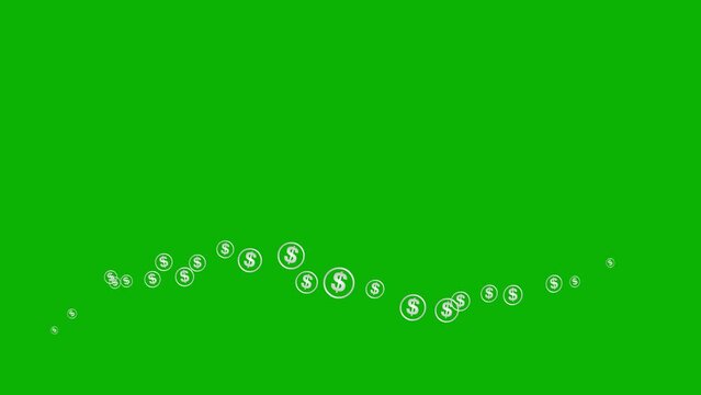 Animated silver dollar coins fly from left to right. A wave with flying money. Concept of business, money, finance. Vector illustration isolated on the green background.