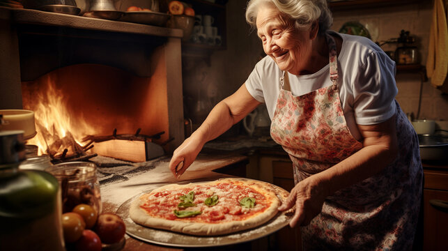 Senior Italian woman in apron in the process of making pizza in a village house kitchen, concept of Italian cuisine, traditional cooking, family traditions and the art of making homemade pizza. - Powered by Adobe