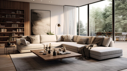 a modern family room with a large sectional sofa and a coffee table