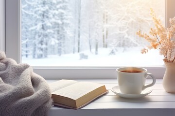 Cozy Winter still life: armchair with a cape cup of hot Coffee and opened Book on vintage windowsill against snow landscape from outside.