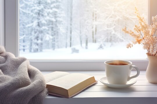 Cozy Winter still life: armchair with a cape cup of hot Coffee and opened Book on vintage windowsill against snow landscape from outside.