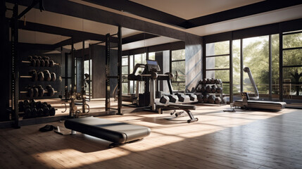 a modern home gym with a variety of exercise equipment and a large mirror and a set of weights - obrazy, fototapety, plakaty