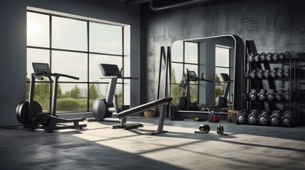 a modern home gym with a variety of exercise equipment and a large mirror and a set of weights