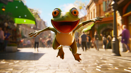 Smiling frog flying in the shopping street