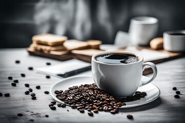 Black coffee in white mug glass topped table, coffee beans