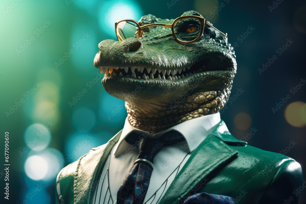 Poster A statue of a dinosaur wearing glasses and a suit. This unique and quirky image can be used to add a touch of fun and humor to various projects