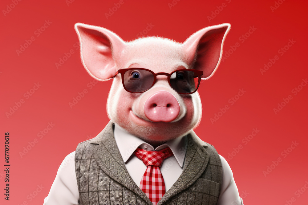 Aufkleber a picture of a pig dressed in a suit and sunglasses, standing on a vibrant red background. this imag