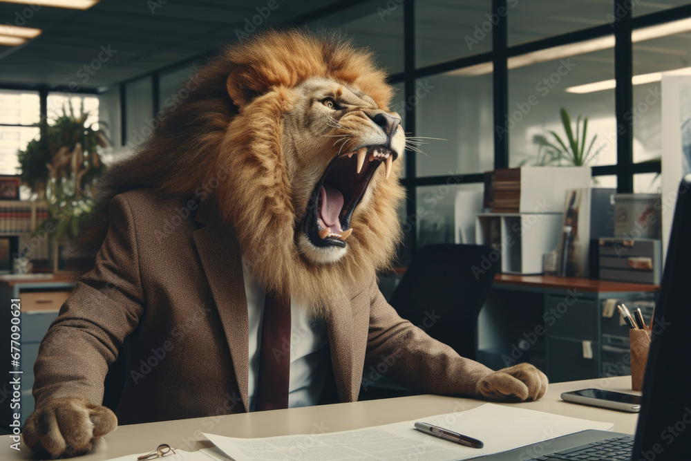 Poster a man wearing a lion mask is sitting at a desk and using a laptop. this image can be used to represe