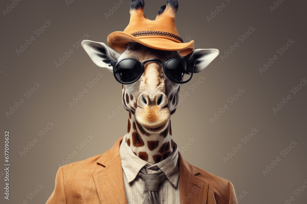 Aufkleber a picture of a giraffe wearing a hat and sunglasses. perfect for adding a touch of fun and humor to 