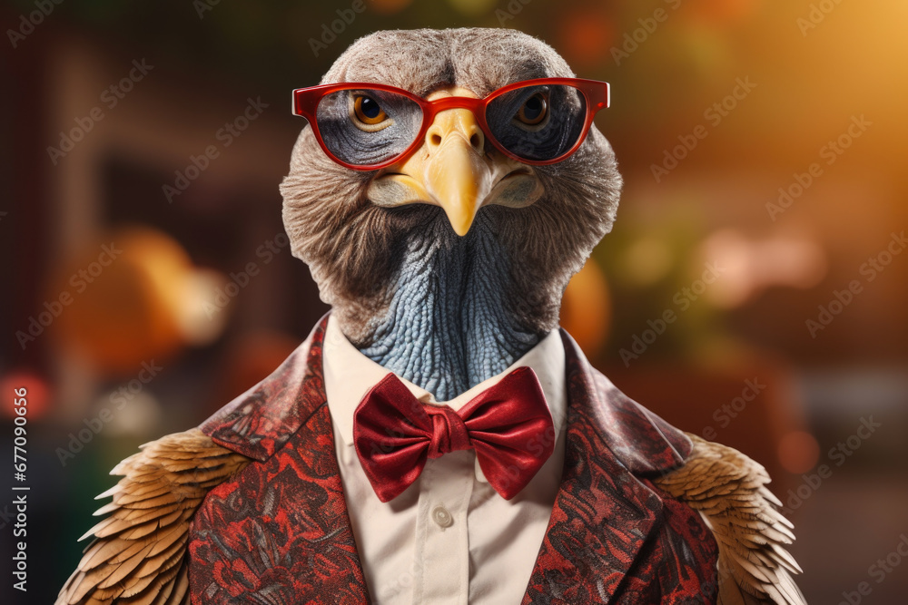 Poster a close-up view of a bird wearing a suit and glasses. this image can be used to depict a quirky and 