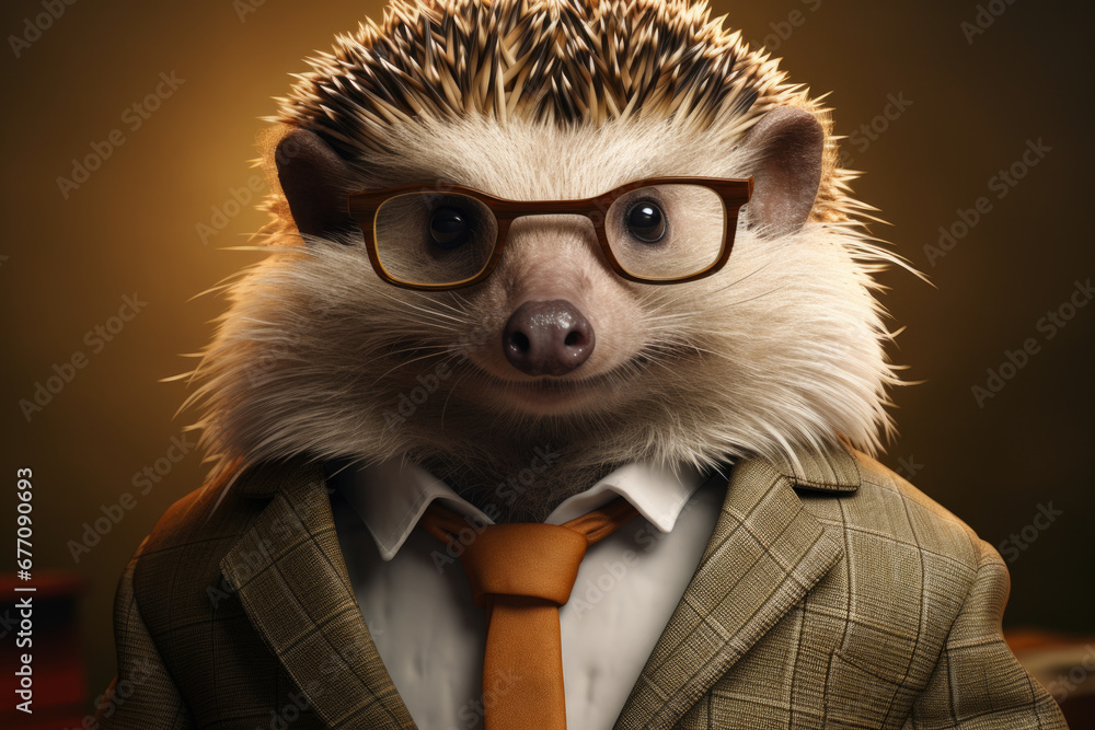 Poster A picture of a hedge wearing glasses and a suit with a tie. This image can be used to add a touch of whimsy and personality to various projects