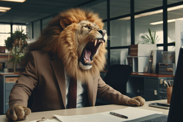 A man wearing a lion mask is sitting at a desk and using a laptop. This image can be used to represent creativity, anonymity, or working from home - obrazy, fototapety, plakaty