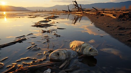 fish die effect by water pollution - obrazy, fototapety, plakaty