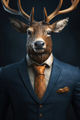A man wearing a suit with a deer head on his head. This unique and quirky image can be used for various purposes