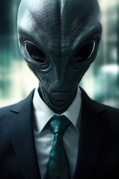 An image of an alien man dressed in a suit and tie. This picture can be used to depict a futuristic or extraterrestrial concept