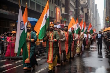 Indian people holding flags on Pride for Happy Republic Day of India.