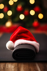Obraz na płótnie Canvas A yoga mat with a festive Santa hat placed on top. Perfect for adding a touch of holiday spirit to your yoga practice or promoting Christmas-themed fitness classes