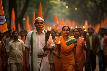 Indian people holding flags on Pride for Happy Republic Day of India. - obrazy, fototapety, plakaty
