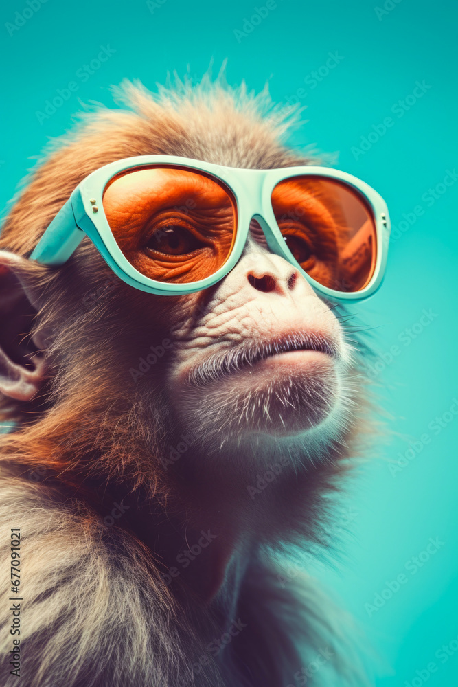Aufkleber A close-up shot of a monkey wearing sunglasses. This image can be used to add a touch of humor and playfulness to various projects.