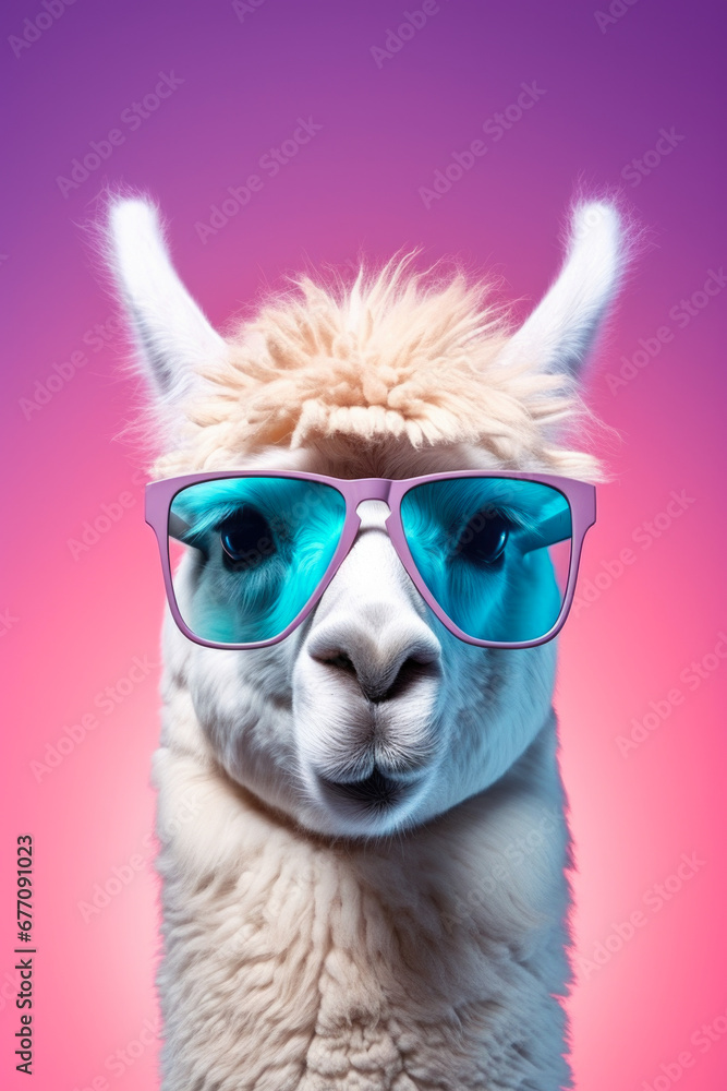 Poster a llama wearing sunglasses stands out against a vibrant pink background. this image is perfect for a