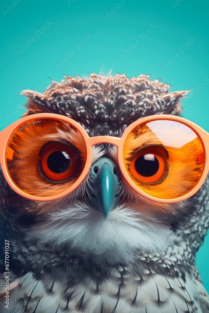 Poster a close-up view of an owl wearing sunglasses. this image can be used for various purposes, such as i