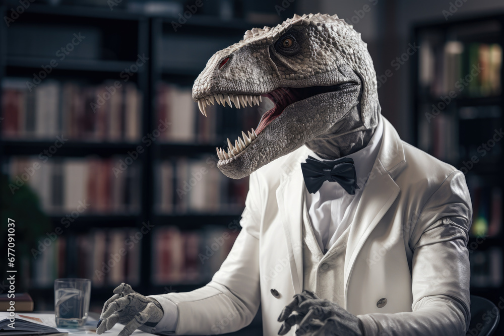 Poster A humorous image of a T-Rex dressed in a tuxedo sitting at a desk. This picture can be used to add a touch of humor to various design projects.