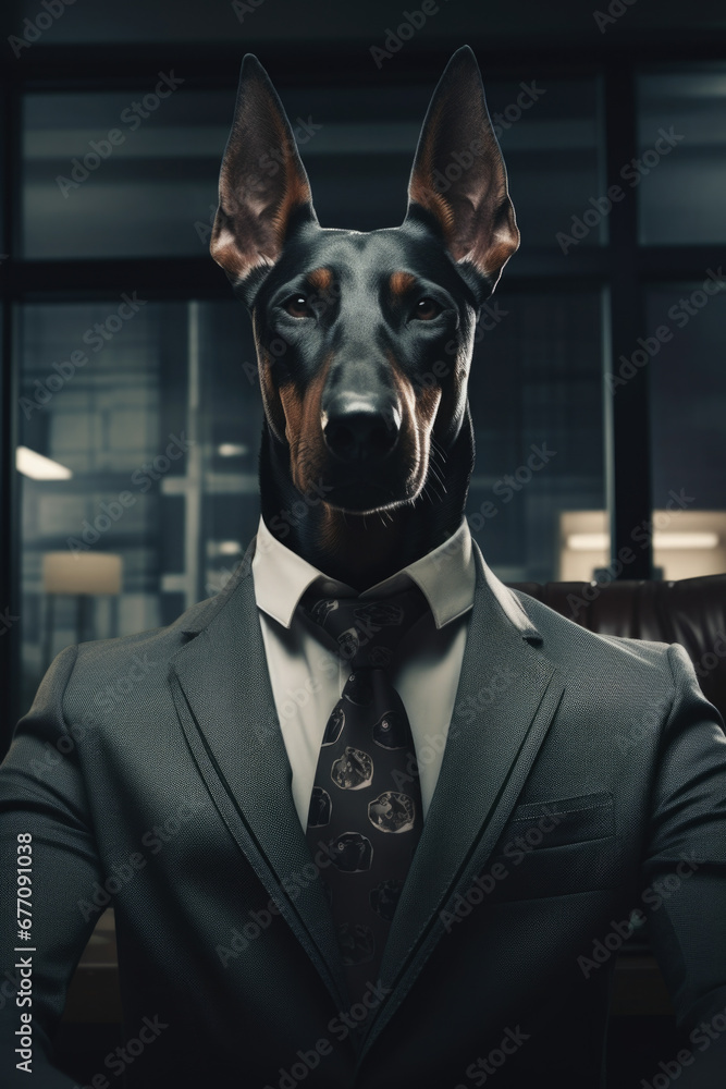 Aufkleber a dog dressed in a suit and tie is sitting comfortably in a chair. this image can be used to depict 