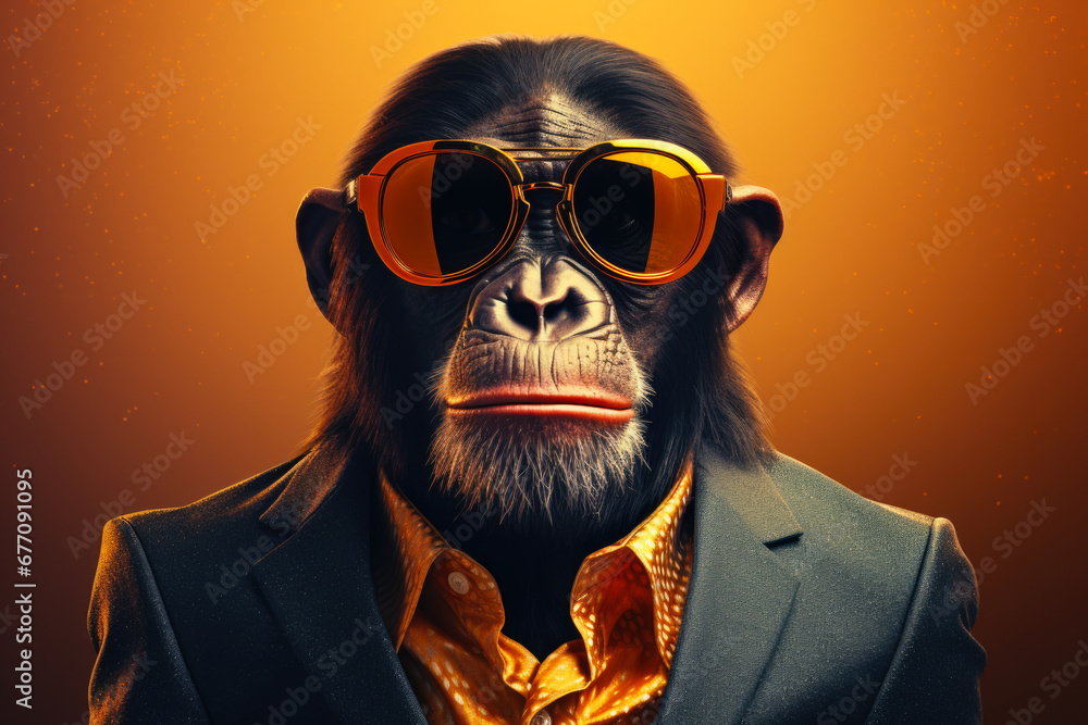 Poster A monkey dressed in a suit and wearing sunglasses. This picture can be used to add a touch of humor and playfulness to various projects.