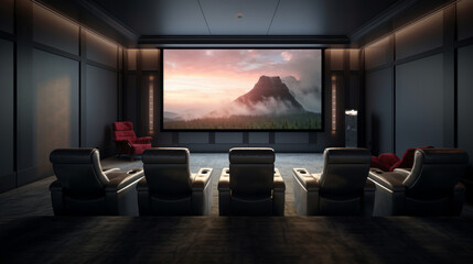 a modern home theater with reclining chairs and a large projection screen and a popcorn machine - obrazy, fototapety, plakaty
