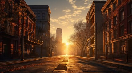 Abstract European City. Deserted city streets at dawn with the first rays of sunlight casting long...