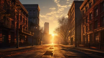 Foto op Canvas Abstract European City. Deserted city streets at dawn with the first rays of sunlight casting long shadows. © Татьяна Креминская
