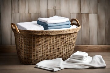 Fototapeta na wymiar Laundry basket with linens on table