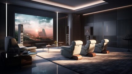 a modern home theater with reclining chairs and a large projection screen and a popcorn machine