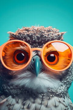 A close-up view of an owl wearing sunglasses. This image can be used for various purposes, such as illustrating the concept of coolness, uniqueness, or even as a symbol of wisdom.