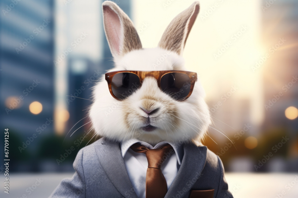 Aufkleber A picture of a white rabbit dressed in a suit and wearing sunglasses. This image can be used to add a touch of whimsy and humor to various projects.