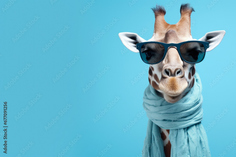 Poster A picture of a giraffe wearing sunglasses and a scarf. This image can be used to add a fun and quirky touch to various projects.