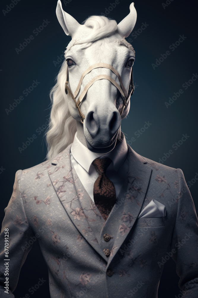 Aufkleber A picture of a white horse dressed in a suit and tie. This unique image can be used to add a touch of whimsy and elegance to various projects.