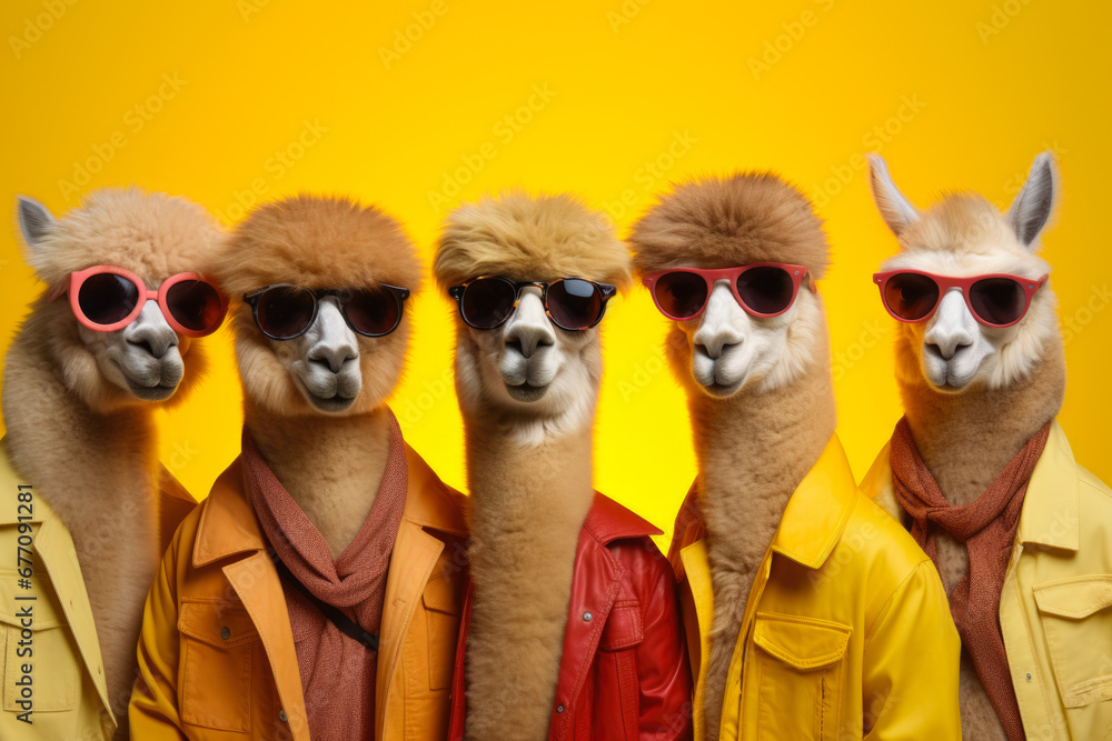 Aufkleber A group of llamas wearing sunglasses posing on a vibrant yellow background. This fun and playful image can be used for various purposes, adding a touch of humor and style to any project.