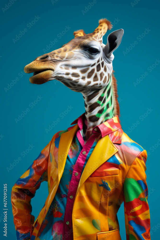 Fototapete A picture of a giraffe dressed in a colorful suit and tie. This image can be used to add a touch of whimsy and fun to various projects.