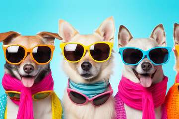 A group of dogs posing stylishly in sunglasses and scarfs. Perfect for pet fashion blogs or animal-themed advertisements.