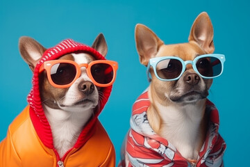 A couple of dogs wearing sunglasses posing on a vibrant blue background. Perfect for pet-related articles, summer-themed designs, and social media posts.