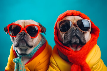 Two adorable pug dogs posing in sunglasses and a scarf. Perfect for pet lovers or fashion-themed designs. - obrazy, fototapety, plakaty
