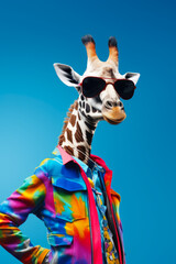 A picture of a giraffe dressed in a trendy outfit, wearing sunglasses and a tie dye shirt. This image can be used for fashion, summer, or animal-themed projects.