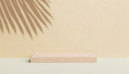 Minimal abstract concrete texture background for cosmetic/beauty product presentation. Podium with tropical palm leaf shadow on natural stone wall.